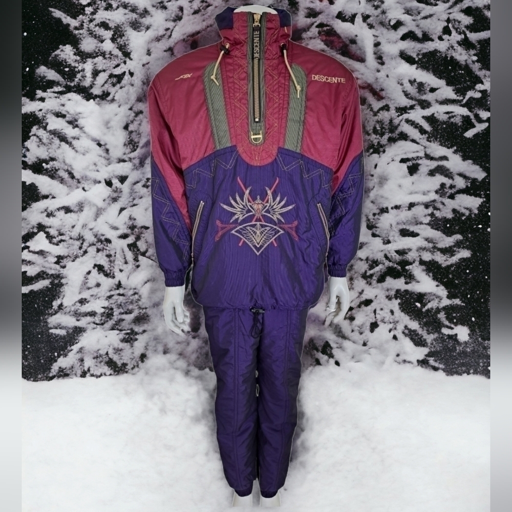 Vtg Descente Ski Suit Mens 2 Piece Snow Set Jacket Pants Purple Magenta Retro 90